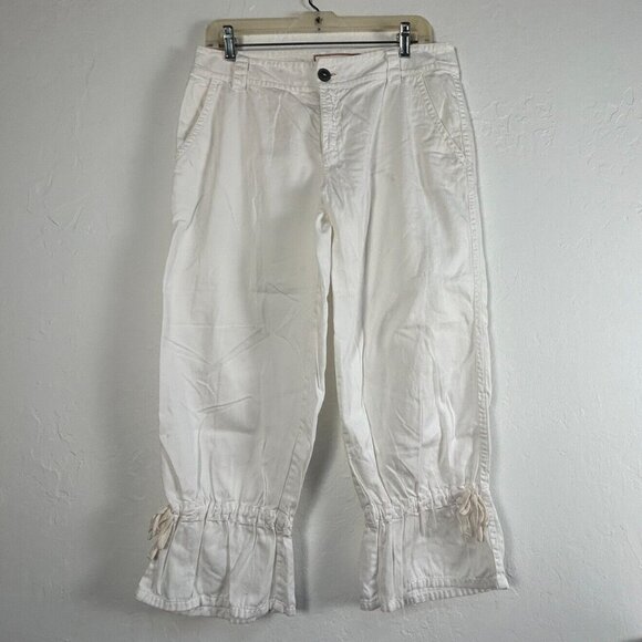Johnny Was Womens Size 8 White 100% Cotton Casual Drawstring Hem Capri Pants